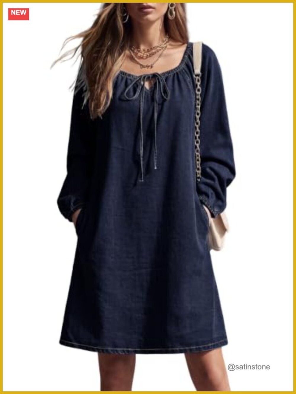 Long Sleeve Drawstring Boat Neck Mini Denim Dress with Pockets